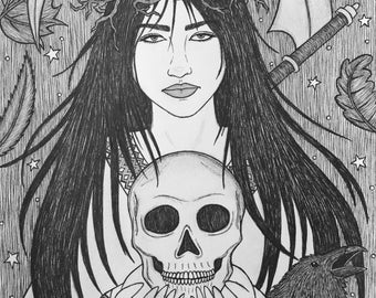 Impresión en pluma y tinta de la diosa Morana de la muerte, 5 x 7, folklore eslavo, Marzanna Mara, otoño, invierno, inframundo, brujería, obra de arte, impresión de bellas artes paganas