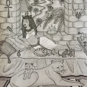 Ferocious Femininity Pen & Ink Print 8x10 Bastet Sekhmet Egyptian Goddess Cat Kittens Lioness Moon Sun Artwork Pagan Fine Art Print