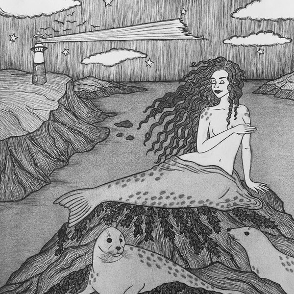 Seeking Her Soulskin 5x7 Selkie Seal Wild Woman Sea Ocean Mermaid Celtic Norse Mythology Witchy Artwork Pagan Pen & Ink Fine Art Print