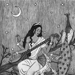 Saraswati Goddess of Knowledge & the Arts 5x7 Hindu Vedic Mythology Wisdom Education Music Witchy Artwork Pagan Pen Ink Fine Art Print