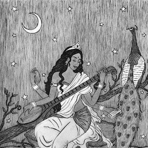 Saraswati Goddess of Knowledge & the Arts 8x10 Hindu Vedic Mythology Wisdom Education Music Witchy Artwork Pagan Pen Ink Fine Art Print