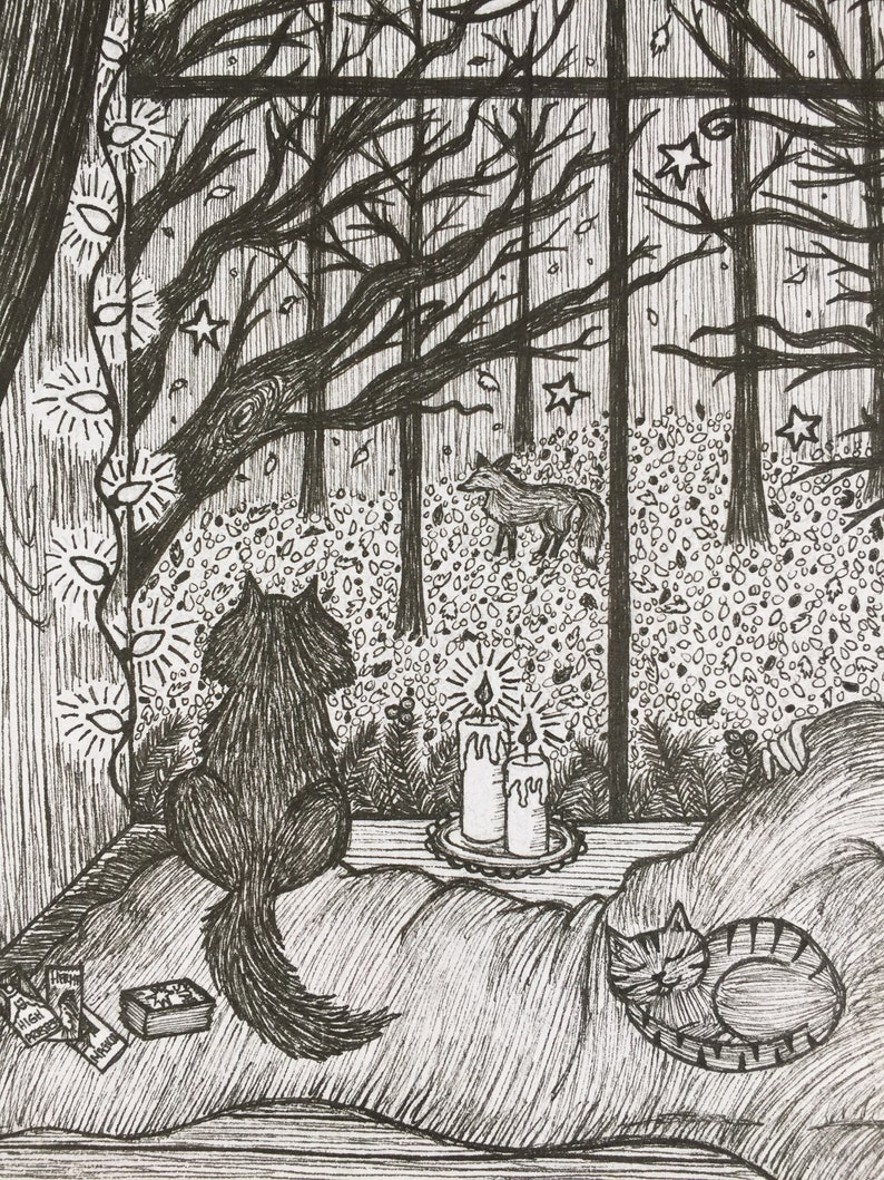 November's Sanctuary Pen & Ink Print 8x10 Wiccan Art Witch Artwork Cat Fox Autumn Fall Halloween Samhain Pagan Drawing Fine Art Print image 3