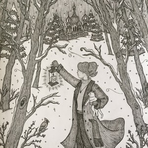 Once Upon A December pen & inkt afdrukken 8 x 10 Anastasia Romanova groothertogin prinses Rusland winterreis kat kardinaal Fine Art Print