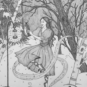 May include: A woman in a long dress dances in a snowy forest at night. She holds a lantern in one hand and a trail of sparkling light follows her as she twirls. A small mouse sits on the ground nearby.