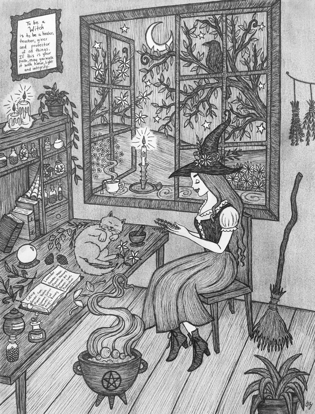 The Green Witch's Apothecary 8x10 Pen Ink Cottage Witch Herbs Plants