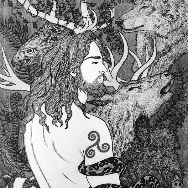 Cernunnos, Lord of Wild Things 8x10 The Horned One Pan Celtic God of Beasts Wild Places Forest Woods Artwork Pagan Pen & Ink Fine Art Print