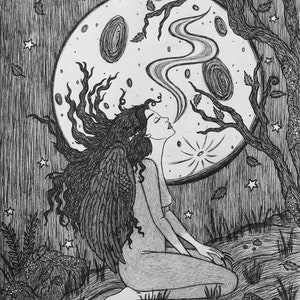 Madness of Mis 5x7 Pen & Ink Celtic Irish Mythology Folklore Wild Woman Divine Feminine Witchy Wolf Skull Bones Pagan Fine Art Print