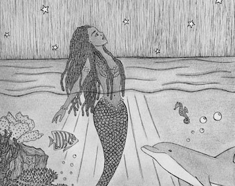 Yemaya Mother Of All ペン&インクプリント 5x7 人魚女神 Yemoja Orisha イルカ タツノオトシゴ 魚 海 月 アートワーク 異教徒 ファインアートプリント