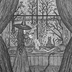 All Hallow&#39;s Eve Pen & Ink Print 5x7 Samhain Witch Black Cat Full Moon Pumpkins Halloween Autumn Fall Witchy Artwork Pagan Fine Art Print