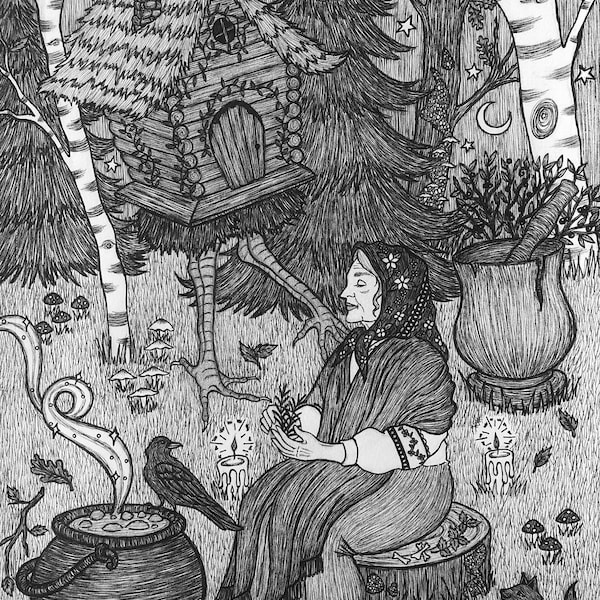 Baba Yaga, Harbinger of Transformation 5x7 Slavic Folklore Ukrainian Russian Polish Fairy Tale Crone Witch Artwork Pagan Pen Ink Art Print