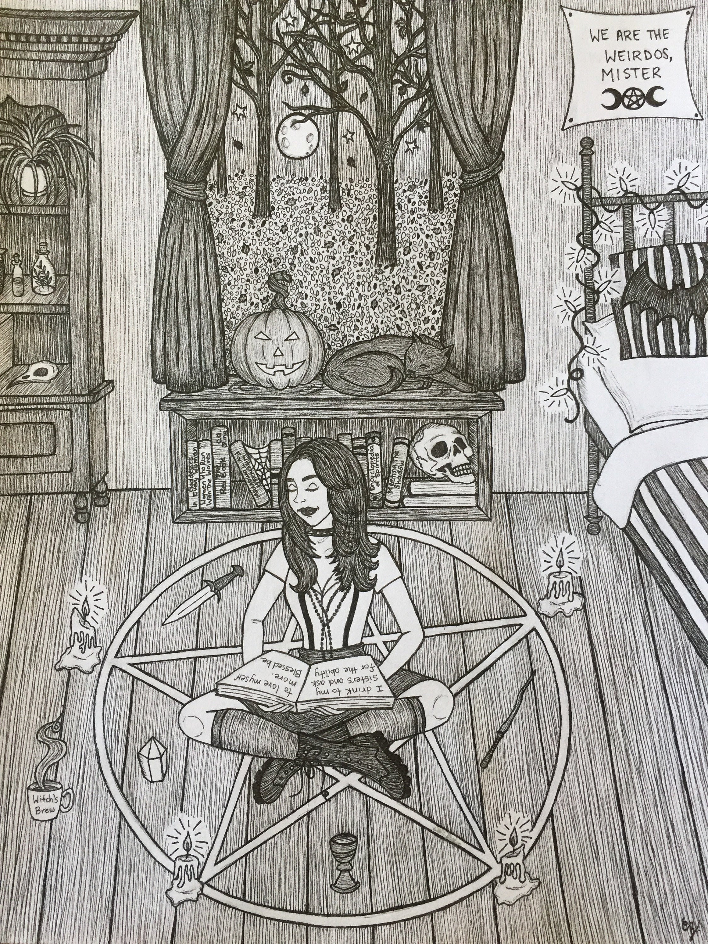 Season Of The Witch Pen & Ink Print 5x7 The Craft Samhain Halloween Pentagram Black Cat Pumpkin Wicca Autumn Artwork Pagan Fine Art Print