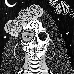 Día de los Muertos 5x7 Pen & Ink Day of the Dead Mexican Latina Native American Calavera Sugar Skull Monarch Butterfly Pagan Fine Art Print