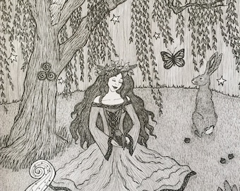 Starlit Ostara Pen & Ink 5x7 Wiccan Celtic Art Witchy Artwork Spring Eostre White Raven Hare Goddess Branwen Pagan Drawing Fine Art Print