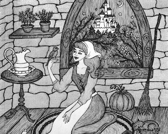 Cinderella: Have Courage & Be Kind 8x10 Cenerentola Aschenputtel Brothers Grimm Fairy Tale Folklore Castle Pagan Pen Ink Fine Art Print