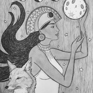 May include: Black and white illustration of a woman holding a moon, surrounded by stars and phases of the moon. A fox is depicted in the lower left corner. The woman wears a decorative headdress and jewelry.