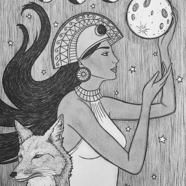 Mama Quilla Moon Mother of the Inca 5x7 Pen & Ink Inca Latina Goddess South America Divine Feminine Peru Incan Empire Pagan Fine Art Print