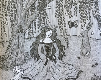 Starlit Ostara Pen & Ink 8x10 Wiccan Celtic Art Witchy Artwork Spring Eostre White Raven Hare Goddess Branwen Pagan Drawing Fine Art Print