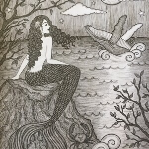 El Llamado De La Sirena Pen & Ink Print 5x7 Mermaid Sea Goddess Yemaya Mama Cocha Humpback Whale Full Moon Artwork Pagan Fine Art Print