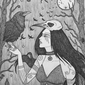 The Morrígan Great Queen of Sovereignty Pen & Ink Print 5x7 Celtic Warrior Goddess Death War Prophecy Magic Crow Raven Moon Fine Art Print