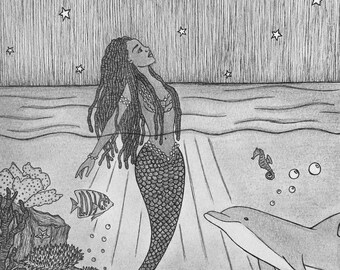 Yemaya Mother Of All ペン＆インクプリント 8x10 マーメイド 女神 Yemoja Orisha イルカ タツノオトシゴ 魚 海 月 アートワーク 異教徒 ファインアートプリント