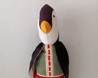 Stuffed Penguin Doll, Multicolor Fabric Toy, Retro Nursery Decor