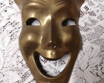 Vintage Solid Brass Decorative Theatrical Mask, Made in India, Wall Hanging Brass Mask Figurine, Comedy Face Mask