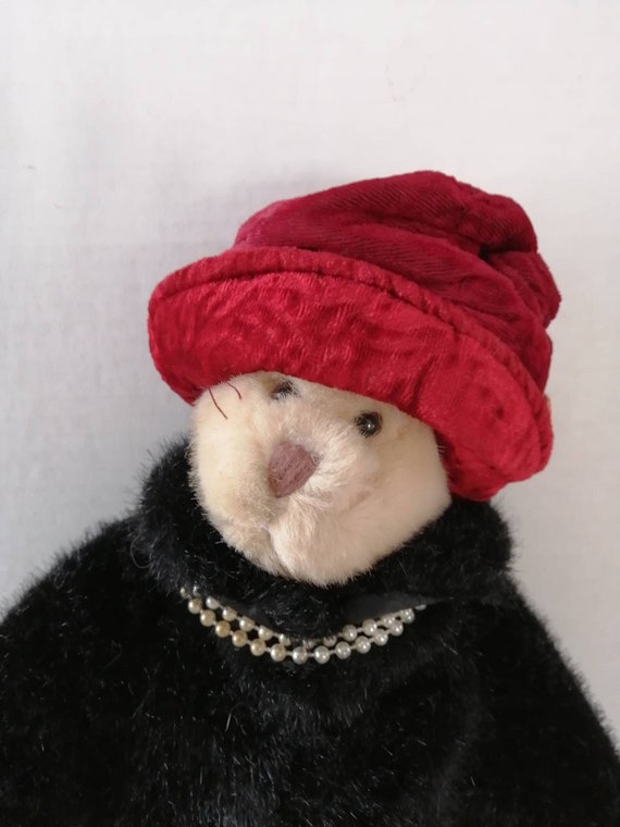 Vintage Teddy Bear, Black Coat, Red Hat, Pearl Necklace