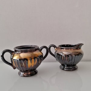 Vintage handbemalte Milchkännchen und Zuckerdose, ESD Made in Japan, Goldtöne Milchkännchen und Zuckerset