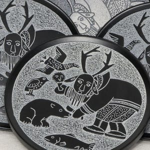 Vintage Boma Canada Inuit Coaster Set, Carved Arctic Animals, Traditional Scenes