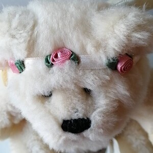 May include: White plush teddy bear with a white headband decorated with pink and green fabric roses.