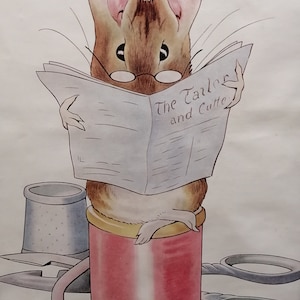 May include: A brown mouse wearing glasses sits on a spool of red thread and reads a newspaper with the headline "The Tailor and Cutter".