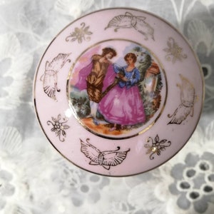 Pink Porcelain Trinket Box,Floral Pink Victorian Couple Jewelry Box, Gold Trim Bone China Dresser Small Trinket Box by Riviera Made in Japan