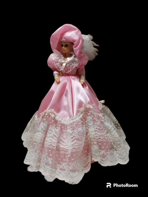 Vintage Pink Umbrella Doll, Pink Satin Dress, White Lace