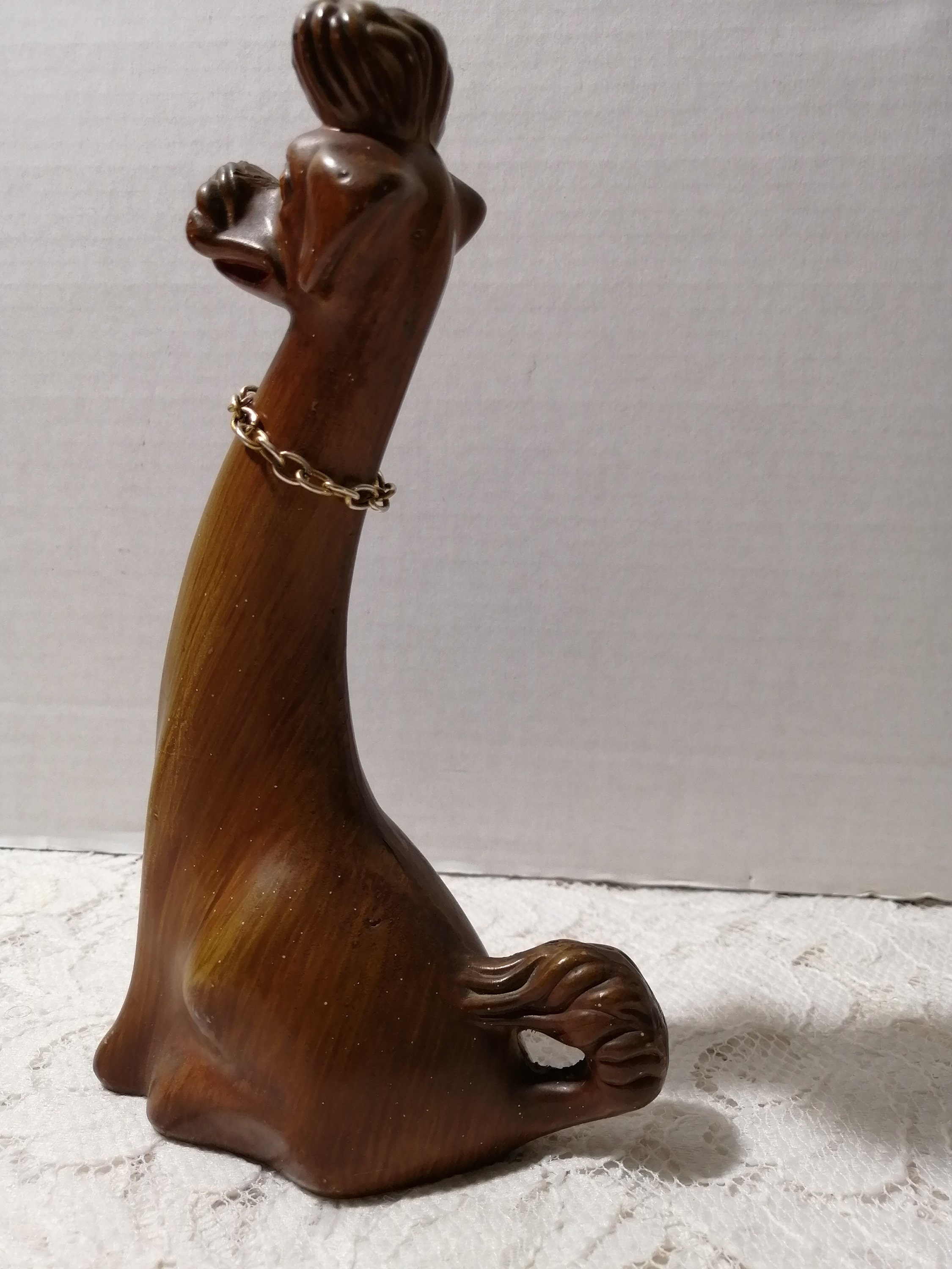 Vintage Carved Wood Poodle, Gold Chain, Rhinestone Eyes, Kitsch