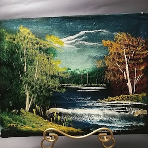 VTG-Velvet Landscape Painting Scene, Trees and Lake on Black Velvet, Spring Scene, Wall Art, Home Decor, Ecletic Art, Bohemian Style, Gifts