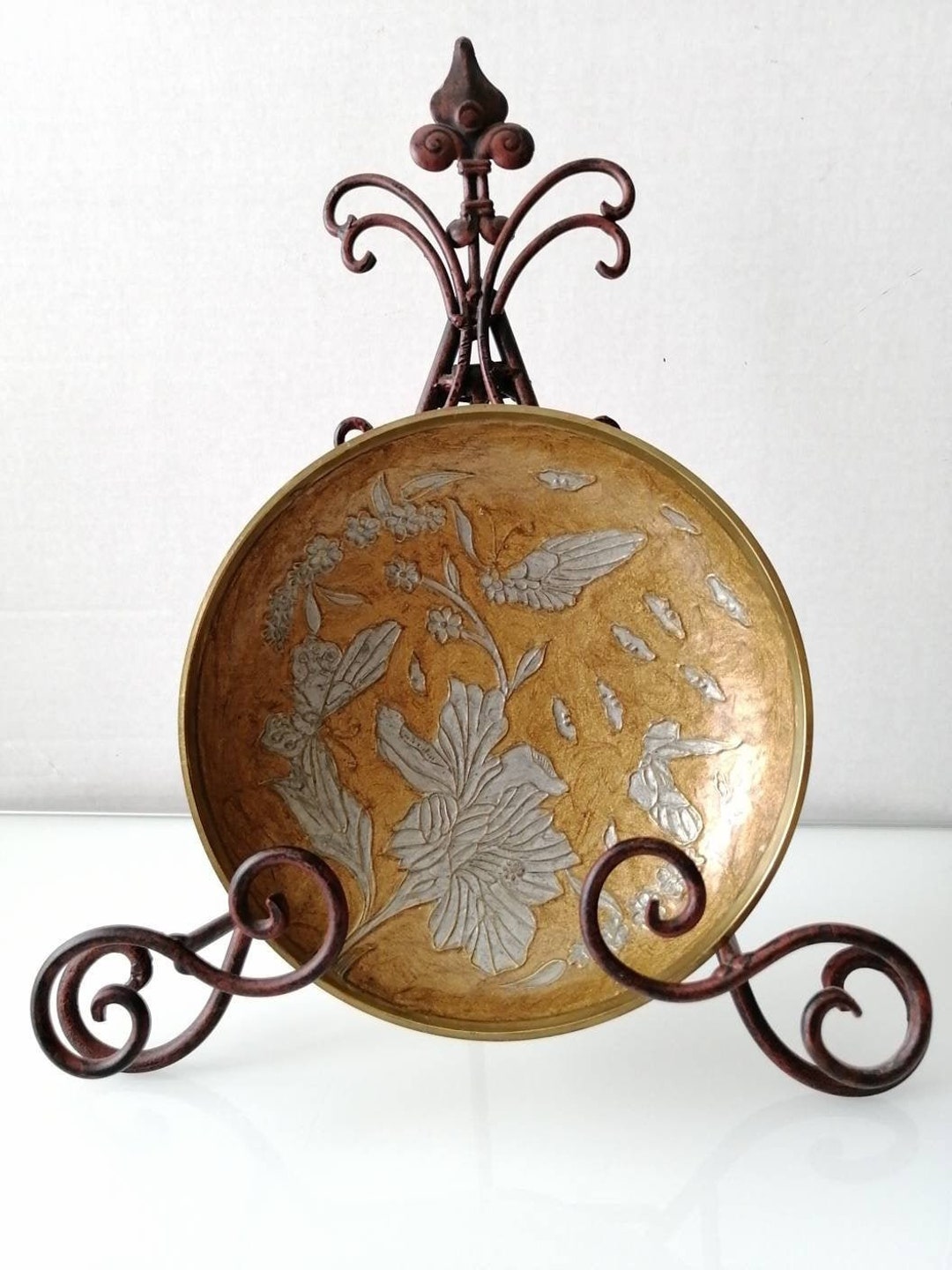 Vintage Solid Brass Decorative Plate Enamel Cloisonne Flower Etsy