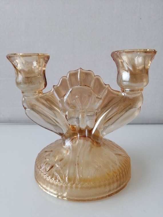 Vintage Glass Candelabra Marigold Carnival Glass Two Candle Etsy