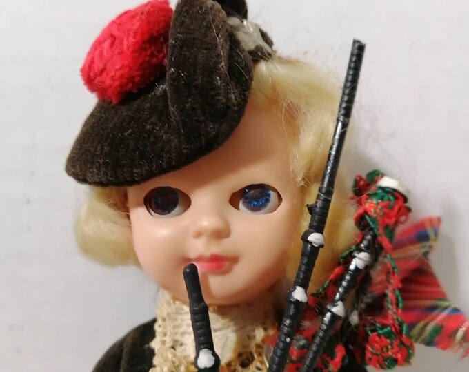 Vintage Scottish Bagpiper Girl Doll, Traditional Dress, Red Tartan Kilt
