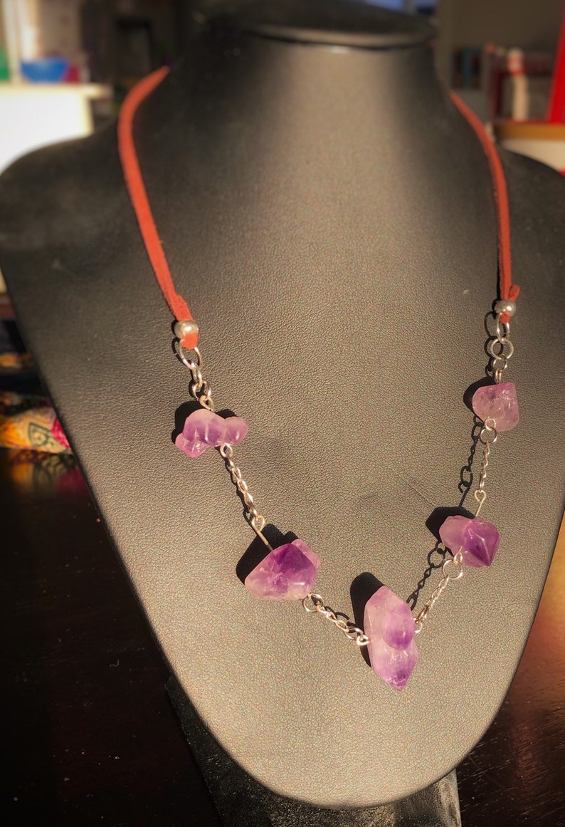 silver and leather necklace. Genuine uncut Amethyst