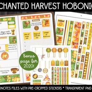 May include: A digital planner page with a harvest theme. The page includes stickers with pumpkins, leaves, and a pentagram. The text "ENCHANTED HARVEST HOBONICHI" is at the top of the page. The text "Bonus page for 2020!" is in a circle in the middle of the page.
