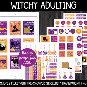 Può includere: Un planner digitale a tema streghe. Il planner ha uno schema di colori viola e arancio e presenta adesivi con vari detti e simboli di streghe. Il planner è progettato per l'uso con l'app Goodnotes.