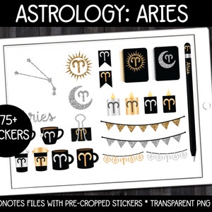 May include: A digital planner screen with a variety of stickers featuring the astrological sign Aries. The stickers are in gold, silver, and black and include a ram, stars, candles, and coffee cups. The text "ASTROLOGY: ARIES" and "275+ STICKERS" is visible on the screen.
