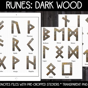 Könnte beinhalten: Ein digitales Blatt mit 24 dunklen Holzrunensymbolen auf einem weißen Gitterhintergrund. Die Runen sind mit ihren Namen in schwarzer Schrift beschriftet. Das Blatt ist mit "RUNEN: DUNKLES HOLZ" betitelt.