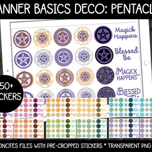 Può includere: Un set di adesivi digitali per planner con oltre 250 adesivi che presentano un design a pentacolo in vari colori e motivi. Gli adesivi includono il testo "Magick Happens" e "Blessed Be".