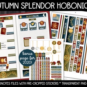 Può includere: Una pagina di pianificatore digitale con adesivi per il mese di settembre. Gli adesivi presentano colori autunnali, foglie e un tema di stregoneria. Il testo "Autumn Splendor Hobonichi" è in cima alla pagina. Il testo "Bonus page for 2020!" è in un cerchio sulla pagina.