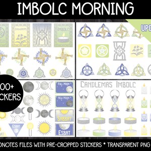 May include: A digital planner sticker set with over 500 stickers featuring various designs related to the Imbolc holiday. The stickers include a variety of symbols, including snowdrops, candles, moons, and Celtic knots. The text "IMBOLC MORNING" is at the top of the image, and the text "UPDATED" is in the upper right corner. The text "500+ STICKERS" is in the lower left corner. The text "GOODNOTES FILES WITH PRE-CROPPED STICKERS * TRANSPARENT PNG FILES" is at the bottom of the image.
