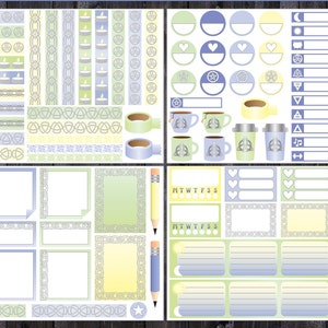 May include: A set of printable planner stickers featuring a Celtic knot design in shades of blue and green. The stickers include various shapes, sizes, and designs, including circles, squares, rectangles, and hearts. The stickers also include text such as "MTWTFSS" and symbols such as a crescent moon, a star, and a cross.