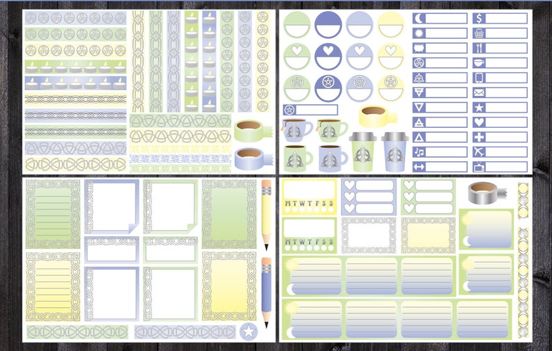 May include: A set of printable planner stickers featuring a Celtic knot design in shades of blue and green. The stickers include various shapes, sizes, and designs, including circles, squares, rectangles, and hearts. The stickers also include text such as "MTWTFSS" and symbols such as a crescent moon, a star, and a cross.