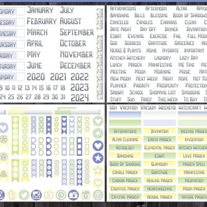 May include: A printable planner sticker sheet with a variety of stickers in yellow, green, and blue. The stickers include days of the week, months of the year, numbers, stars, hearts, flags, circles, squares, and social media icons. The sheet also includes a list of words related to witchcraft and magic.