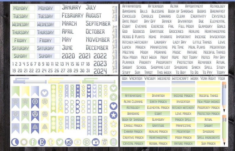 May include: A printable planner sticker sheet with a variety of stickers in yellow, green, and blue. The stickers include days of the week, months of the year, numbers, stars, hearts, flags, circles, squares, and social media icons. The sheet also includes a list of words related to witchcraft and magic.